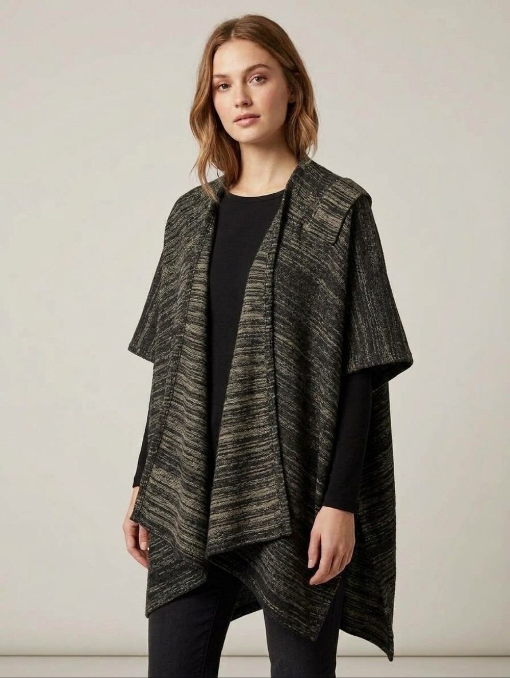 Charlie Paige Black Gold Metallic Knit Cape Shawl Poncho Wrap OS Boho